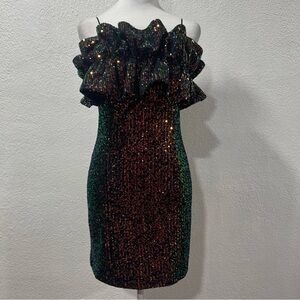Green‎ and Red Sequin Ruffled Mini Dress
